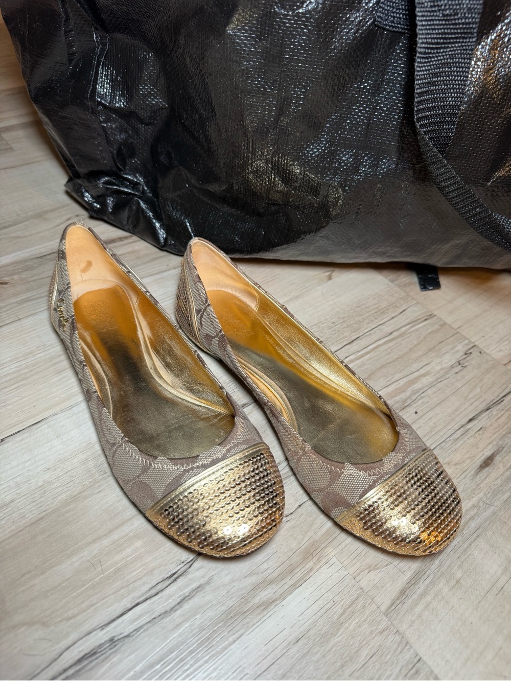 Coach Metallic Gold Toe Cap Signature Canvas Flats
